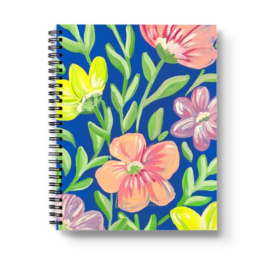 Colorful Flowers on Blue Spiral Lined Notebook