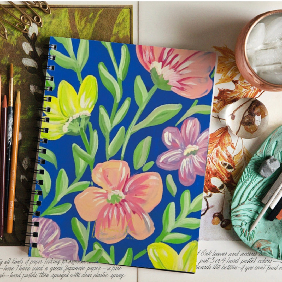 Colorful Flowers on Blue Spiral Lined Notebook