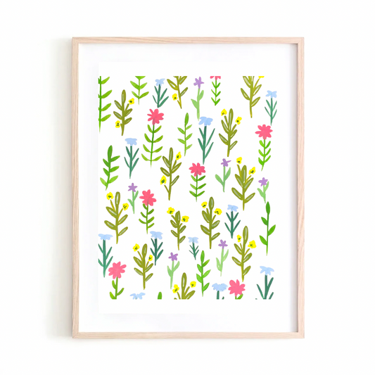 Vertical Green Leaves and Flowers art print