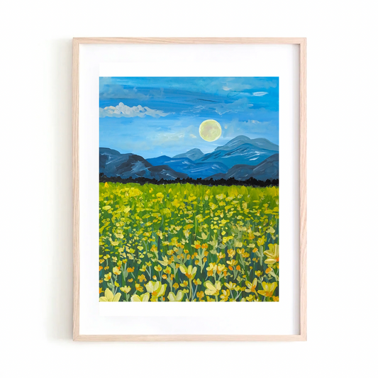 Blue Mountains and Yellow Flowers art print
