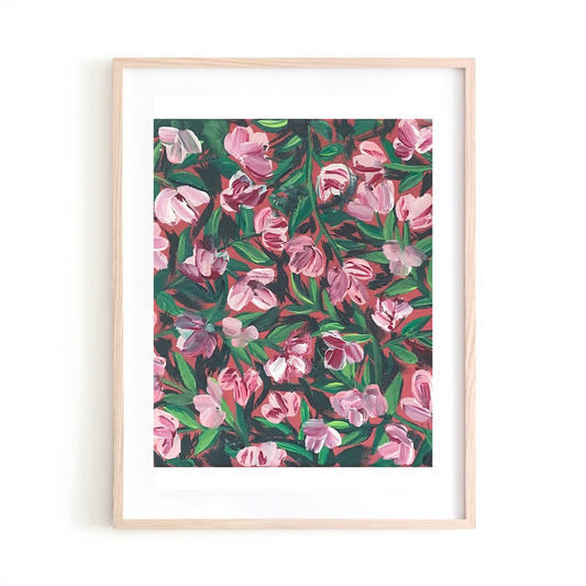 Pink & White Flowers on Red art print