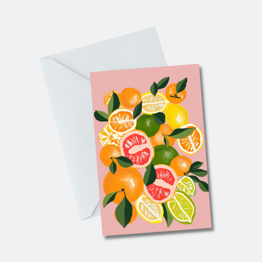 Lemons and Oranges on pink Greeting Cards