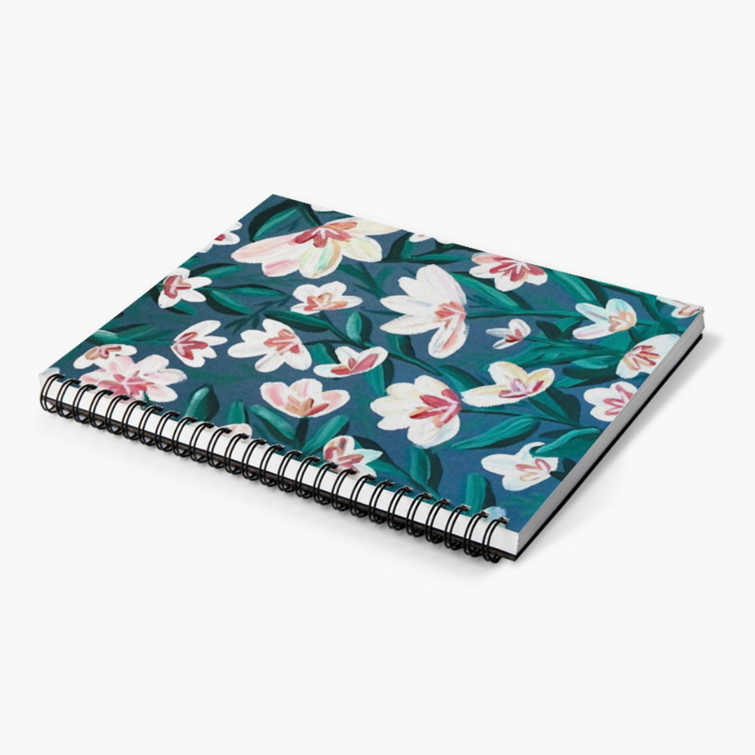 White Flowers with Blue Spiral Lined Notebook